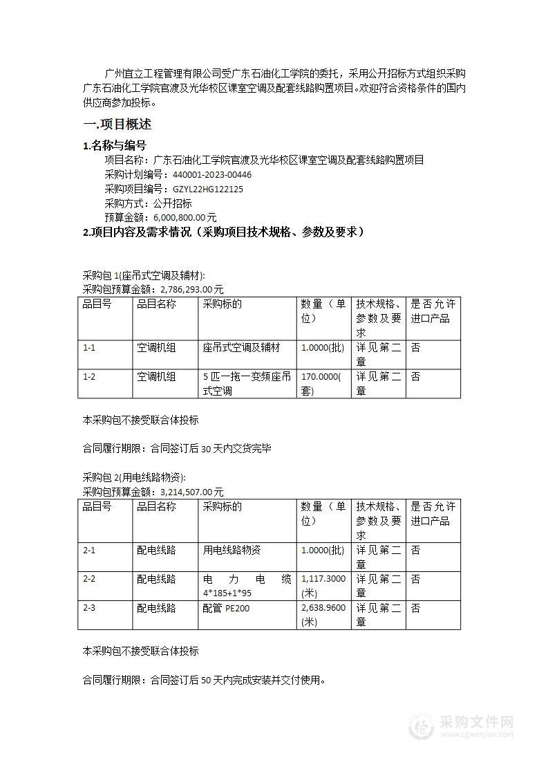 广东石油化工学院官渡及光华校区课室空调及配套线路购置项目