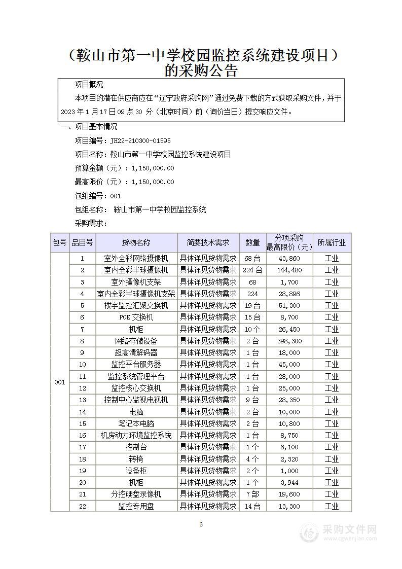 鞍山市第一中学校园监控系统建设项目