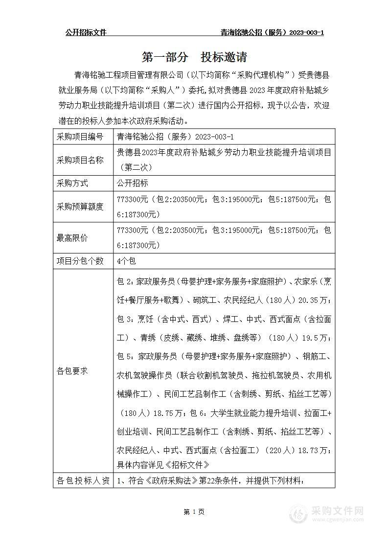 贵德县2023年度政府补贴城乡劳动力职业技能提升培训项目