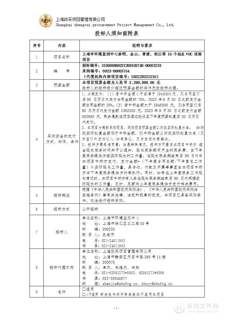 上海市环境监测中心崇明、金山、青浦、松江等15个站点VOC运维项目