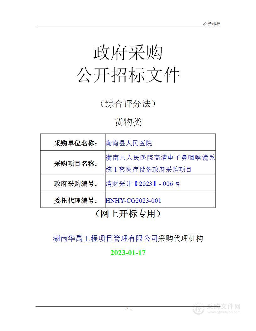 衡南县人民医院高清电子鼻咽喉镜系统1套医疗设备政府采购项目