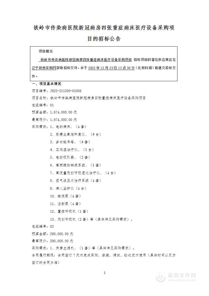 新冠病房四张重症病床医疗设备采购