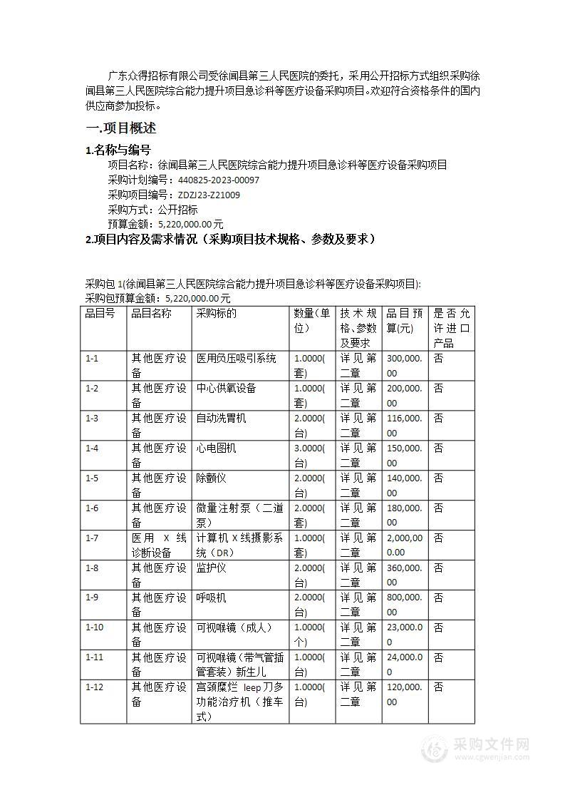 徐闻县第三人民医院综合能力提升项目急诊科等医疗设备采购项目