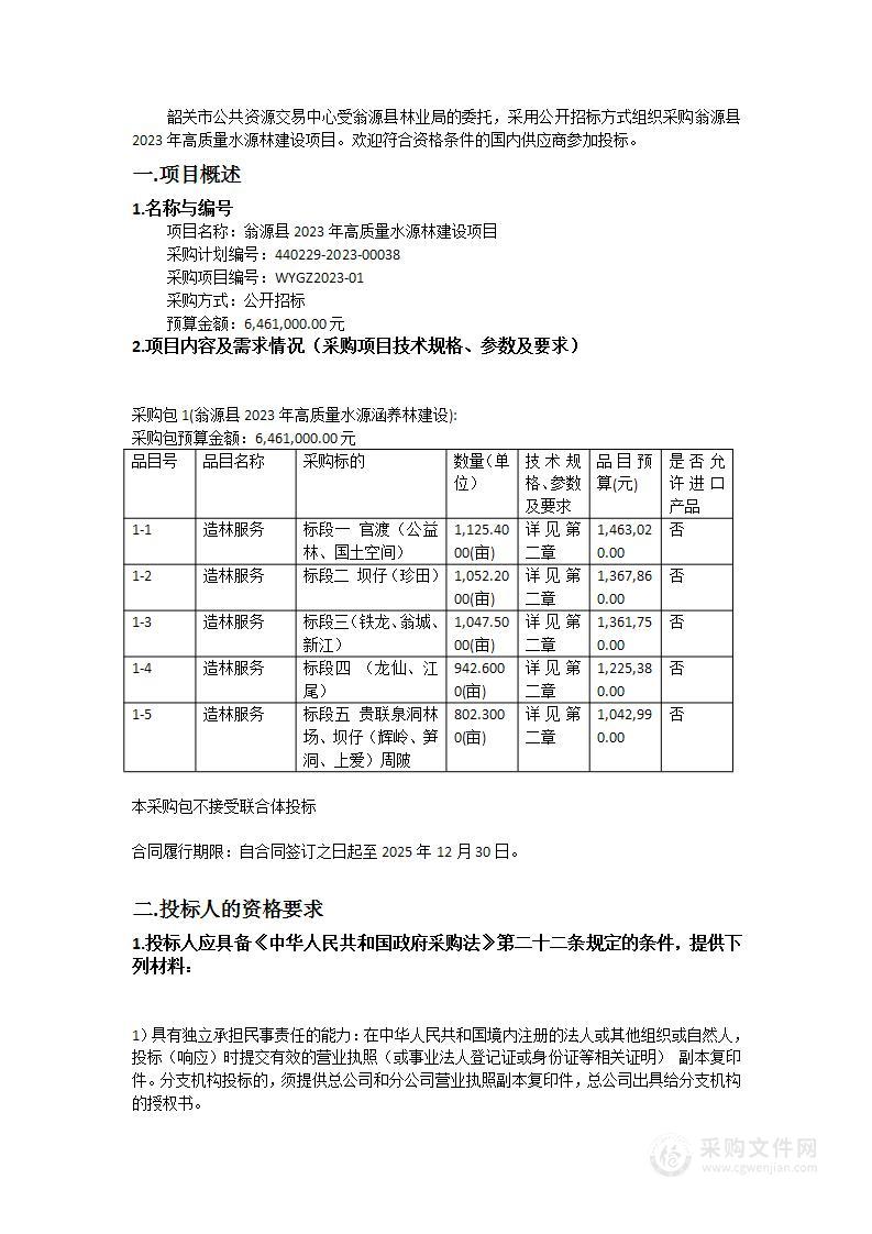 翁源县2023年高质量水源林建设项目