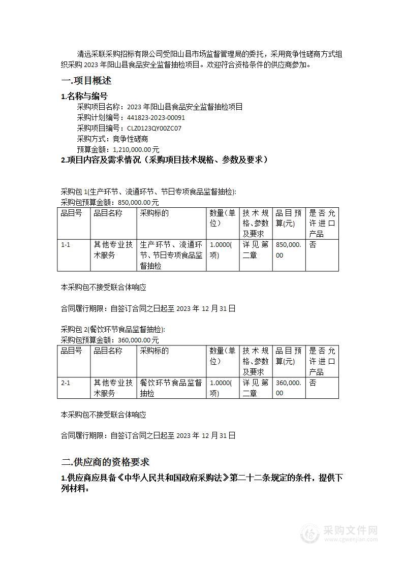 2023年阳山县食品安全监督抽检项目