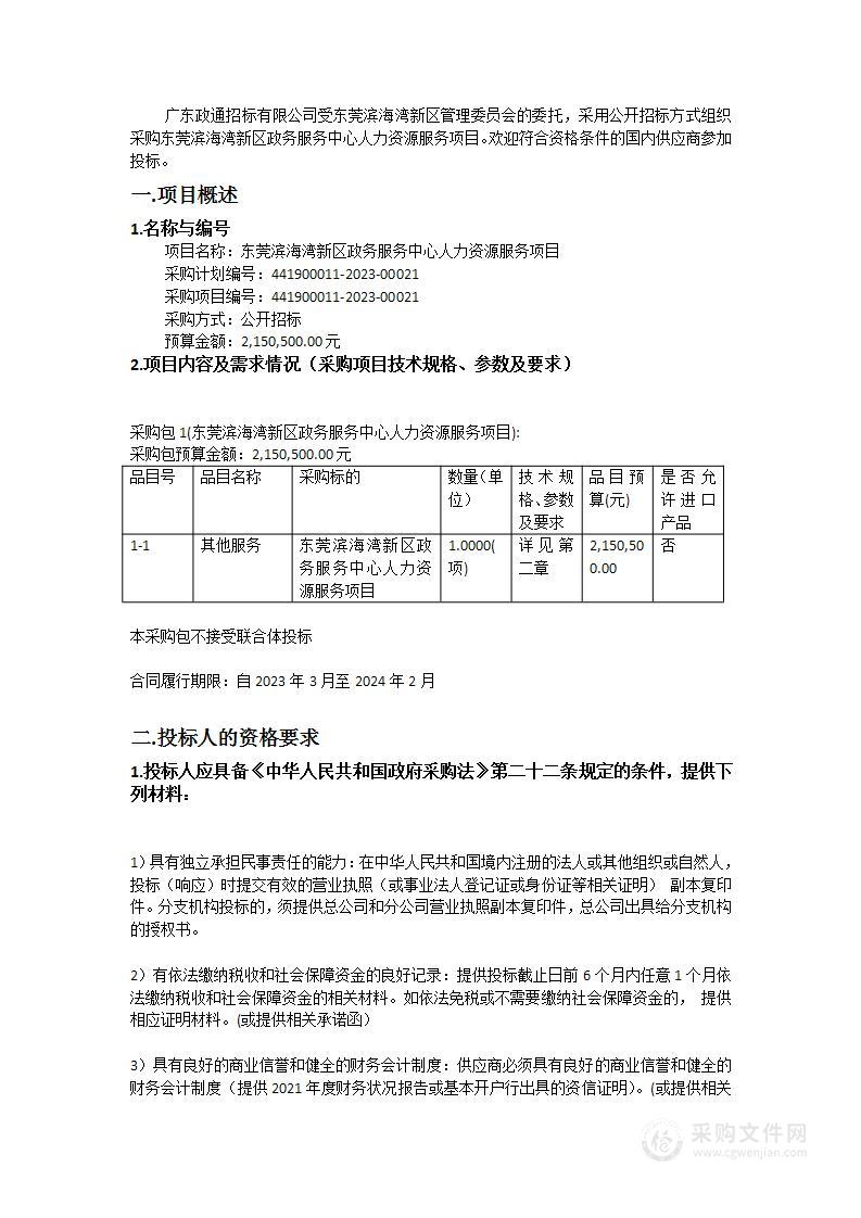 东莞滨海湾新区政务服务中心人力资源服务项目