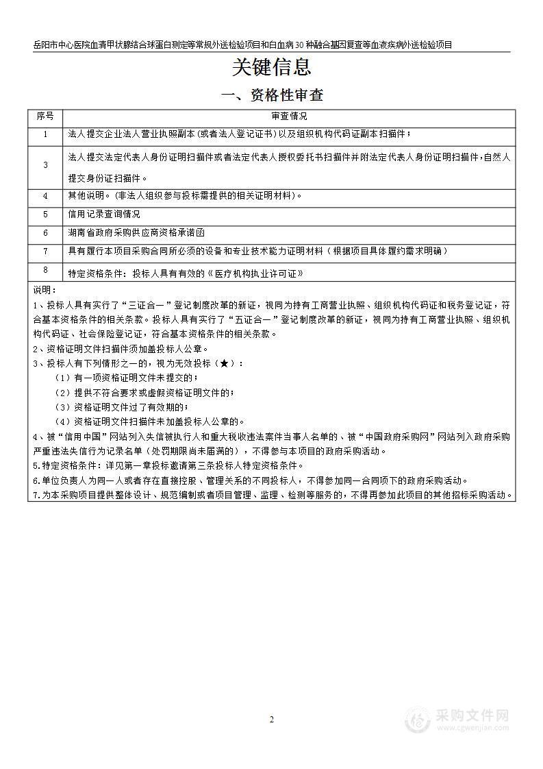 岳阳市中心医院血清甲状腺结合球蛋白测定等常规外送检验项目和白血病30种融合基因复查等血液疾病外送检验项目