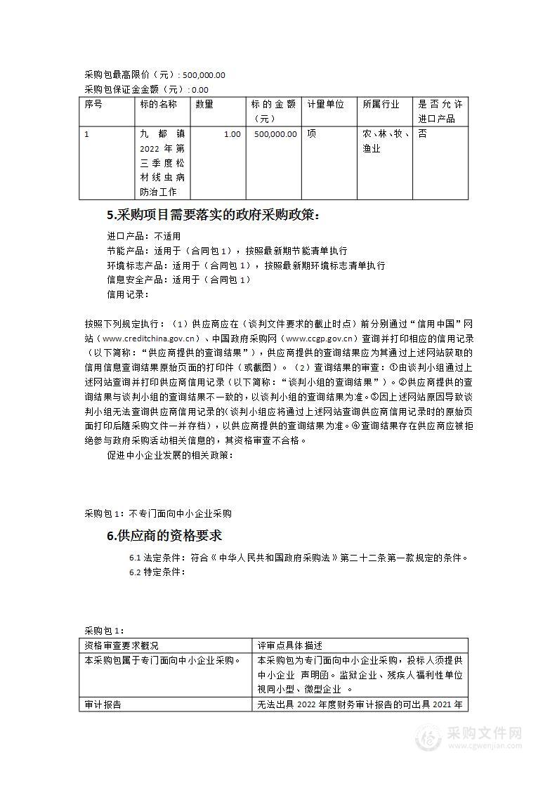 九都镇2022年第三季度松材线虫病防治工作采购项目