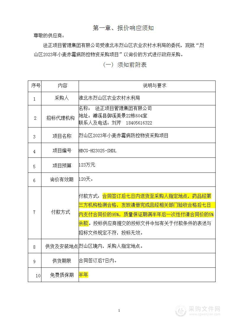 烈山区2023年小麦赤霉病防控物资采购项目