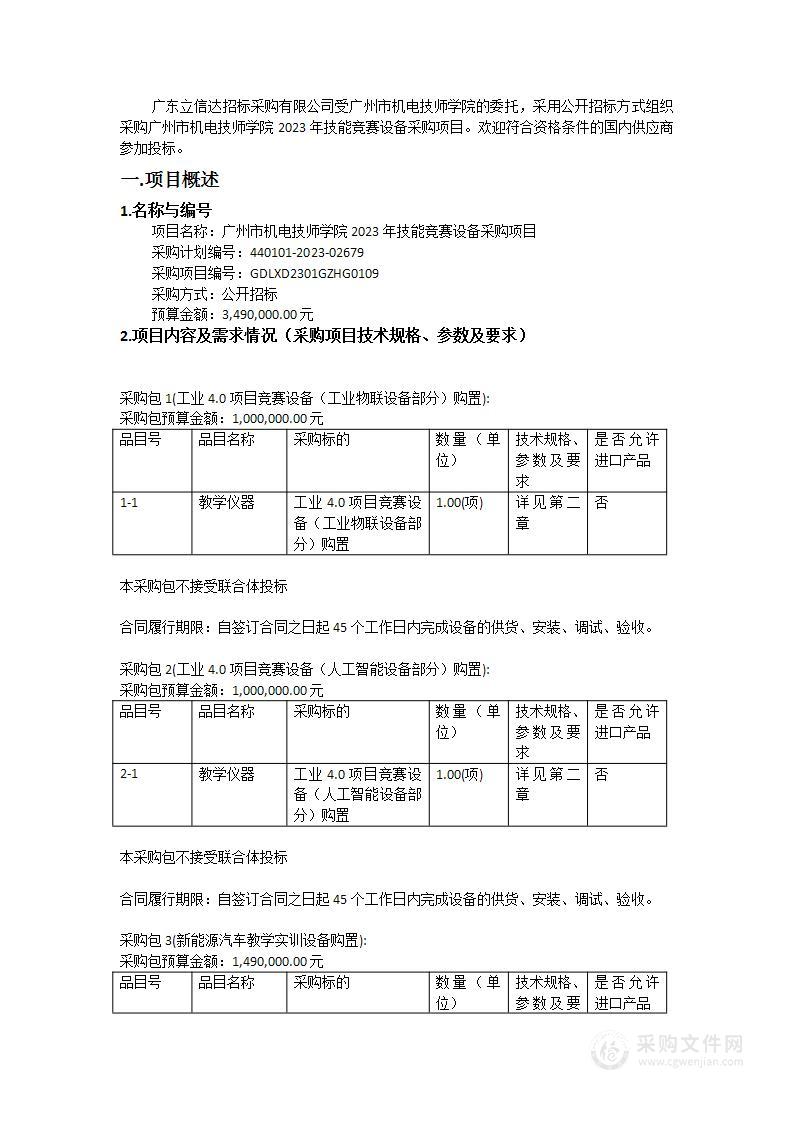 广州市机电技师学院2023年技能竞赛设备采购项目