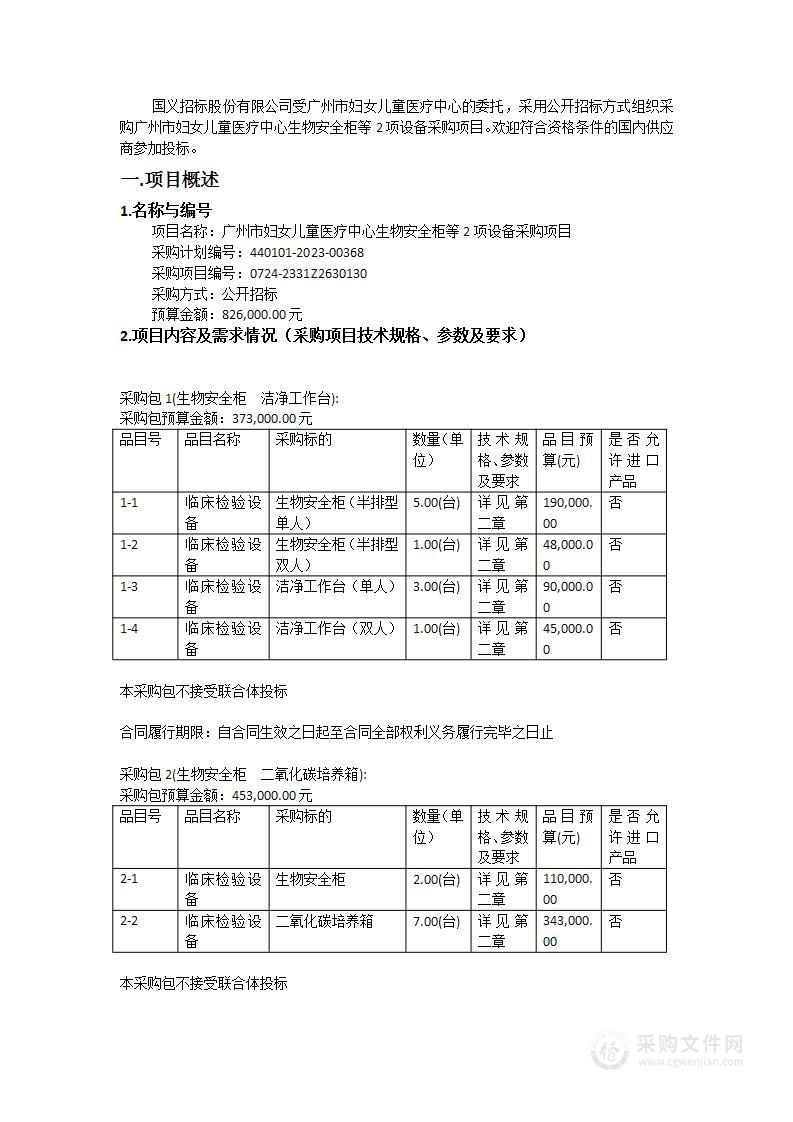 广州市妇女儿童医疗中心生物安全柜等2项设备采购项目