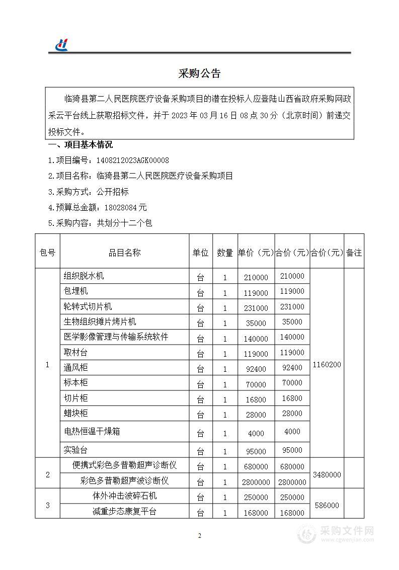 临猗县第二人民医院医疗设备采购项目