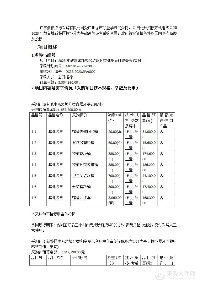 2023年教育城新校区垃圾分类基础设施设备采购项目