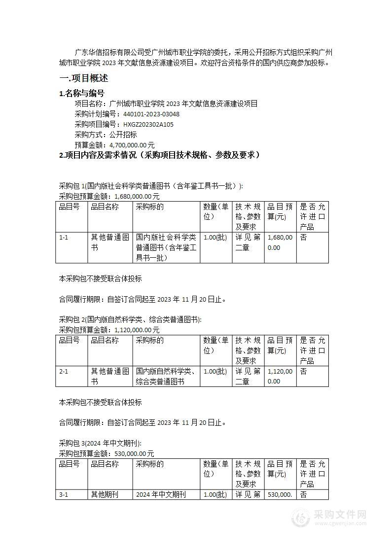 广州城市职业学院2023年文献信息资源建设项目