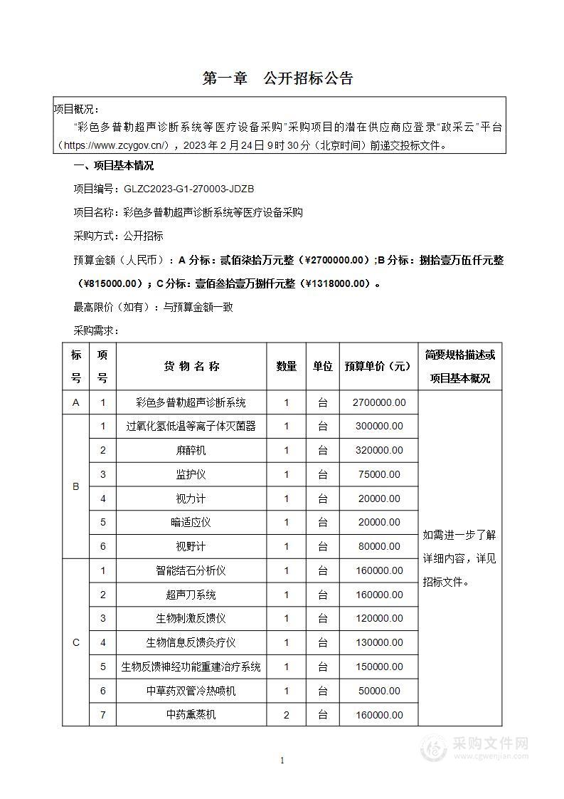 彩色多普勒超声诊断系统等医疗设备采购