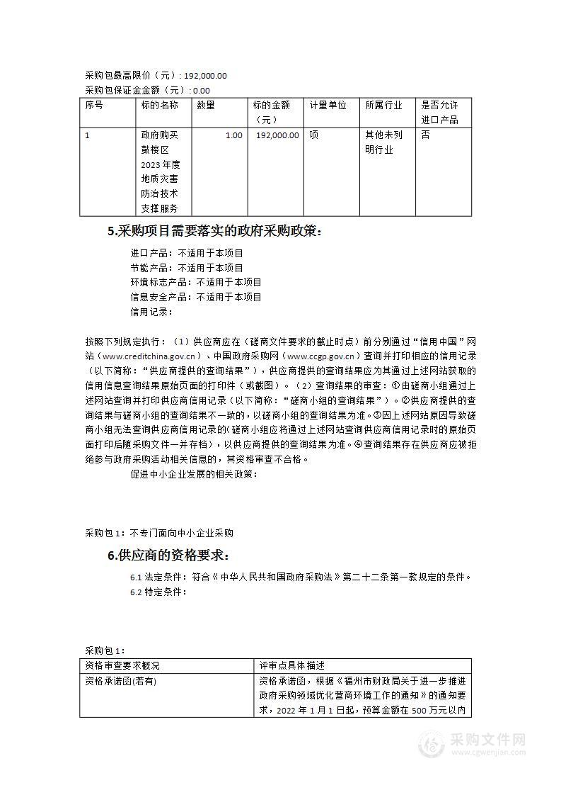 政府购买鼓楼区2023年度地质灾害防治技术支撑服务