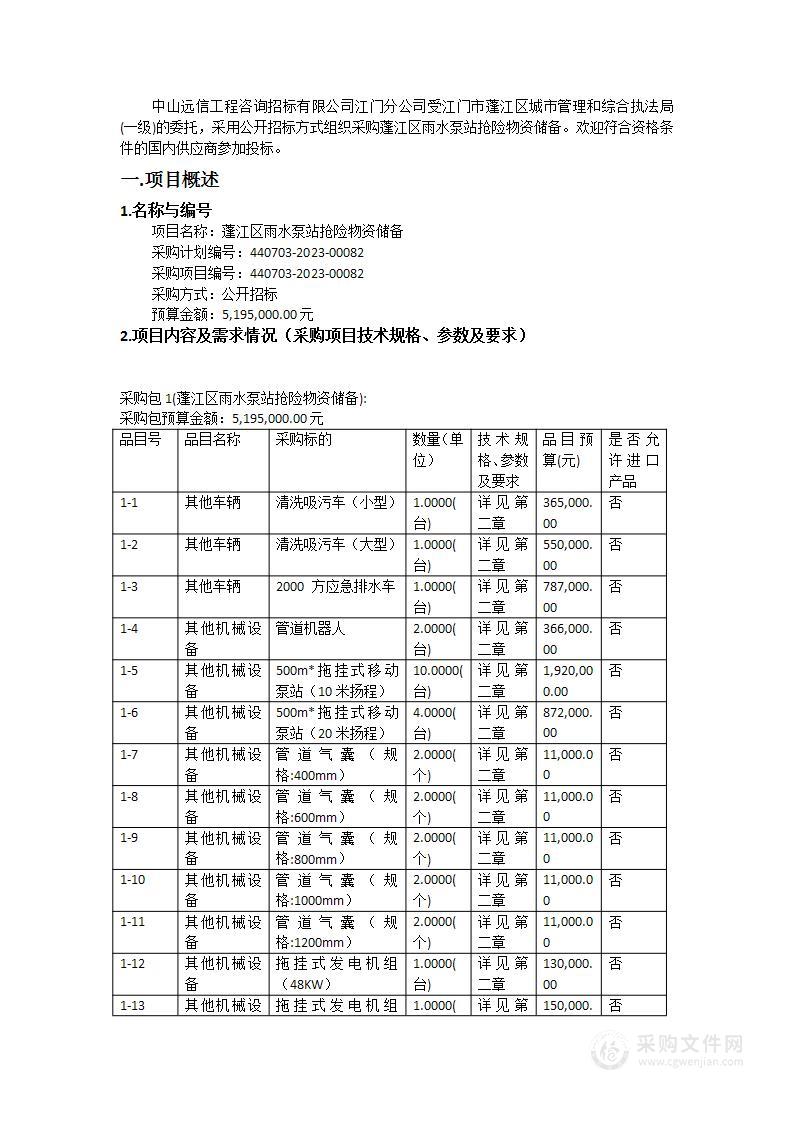 蓬江区雨水泵站抢险物资储备