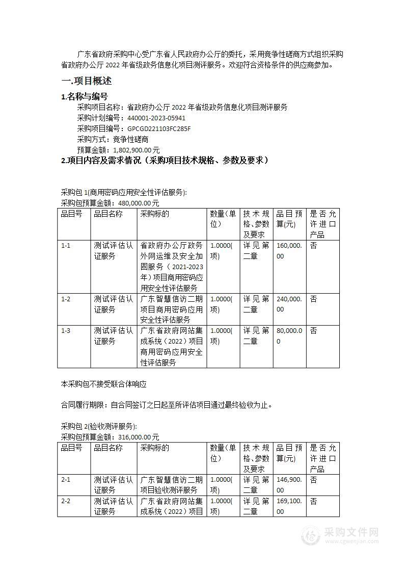 省政府办公厅2022年省级政务信息化项目测评服务