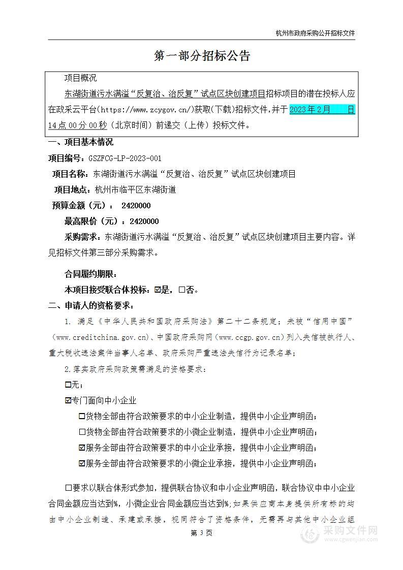 杭州市临平区人民政府东湖街道办事处东湖街道污水满溢“反复治、治反复”试点区块创建项目