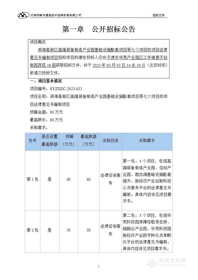 滨海高新区高端装备制造产业园基础设施配套项目等七个项目的项目法律意见书编制项目