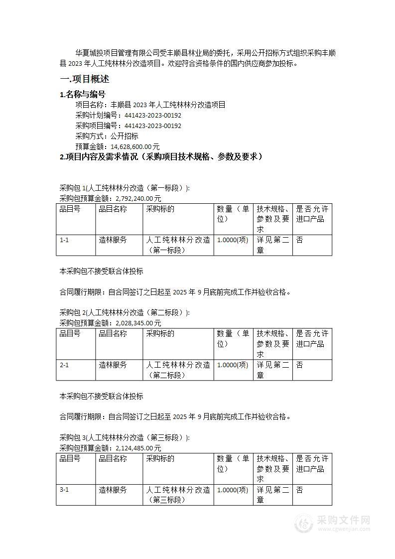 丰顺县2023年人工纯林林分改造项目