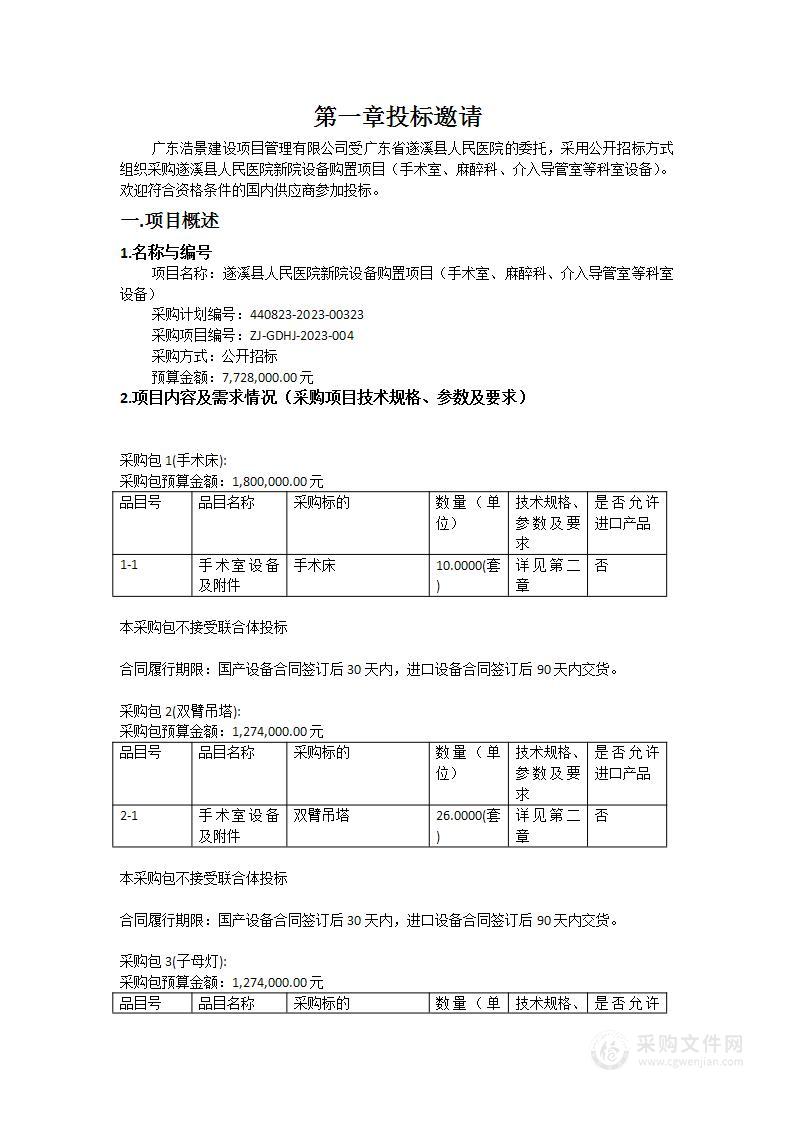 遂溪县人民医院新院设备购置项目（手术室、麻醉科、介入导管室等科室设备）