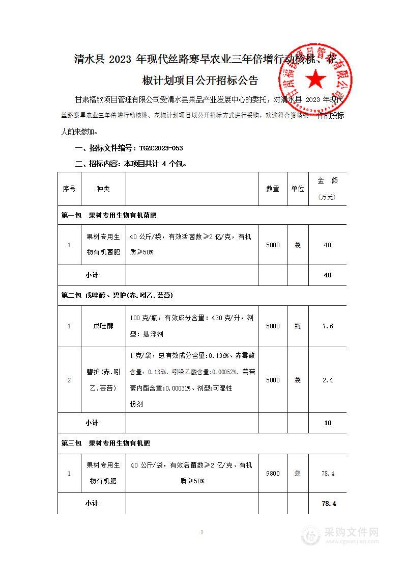 清水县2023年现代丝路寒旱农业三年倍增行动核桃、花椒计划项目