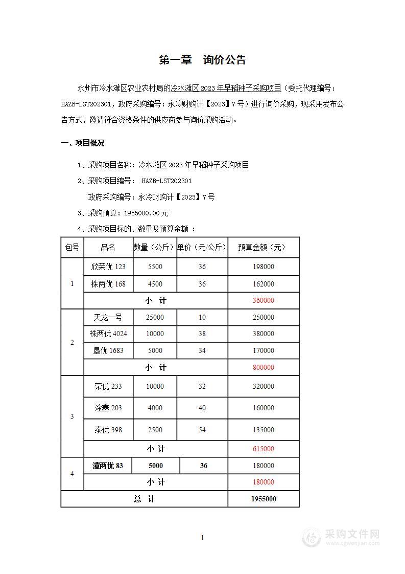 冷水滩区2023年早稻种子采购项目