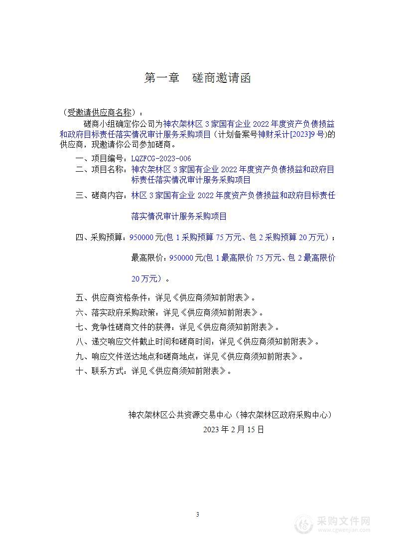 神农架林区3家国有企业2022年度资产负债损益和政府目标责任落实情况审计服务采购项目