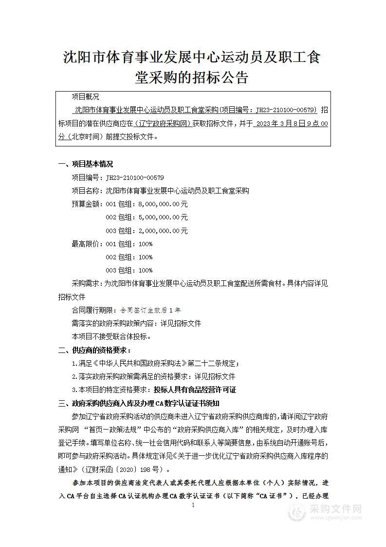 沈阳市体育事业发展中心运动员及职工食堂采购