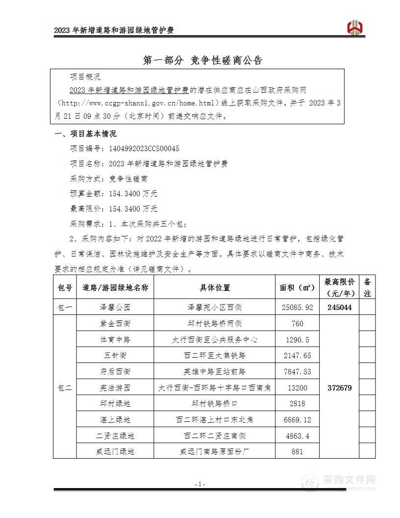 2023年新增道路和游园绿地管护费