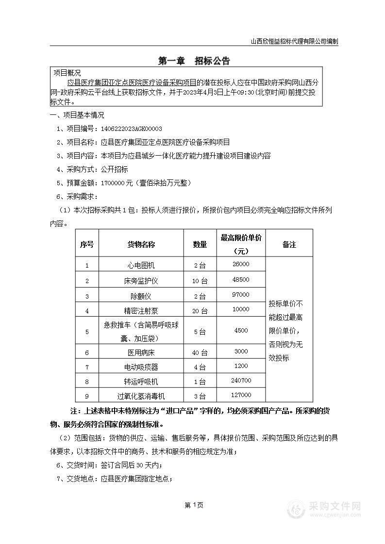 应县医疗集团亚定点医院医疗设备采购项目