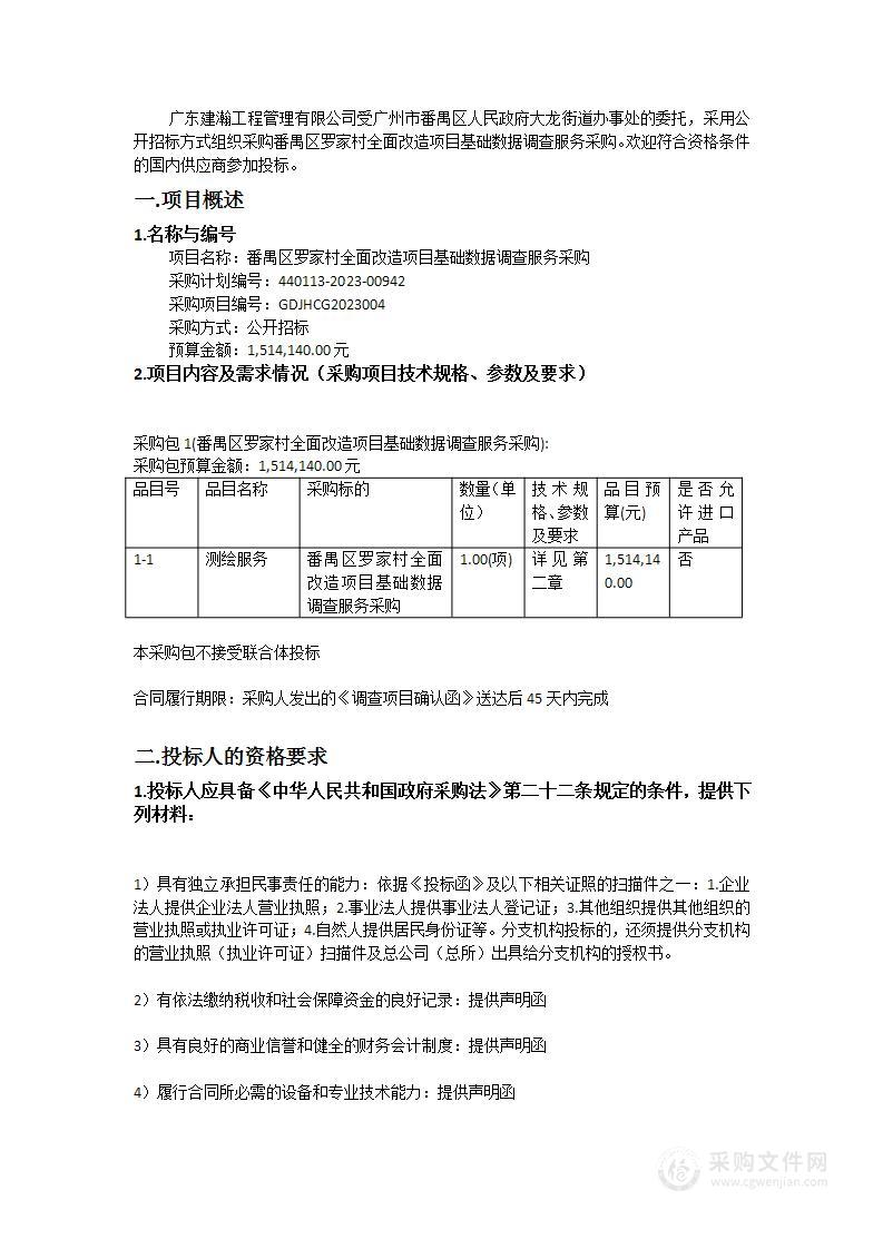 番禺区罗家村全面改造项目基础数据调查服务采购