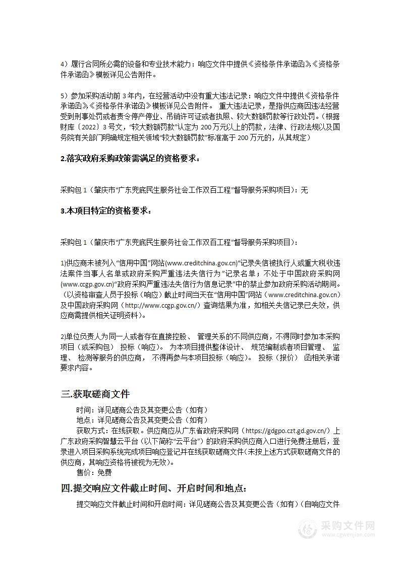 肇庆市“广东兜底民生服务社会工作双百工程”督导服务采购项目