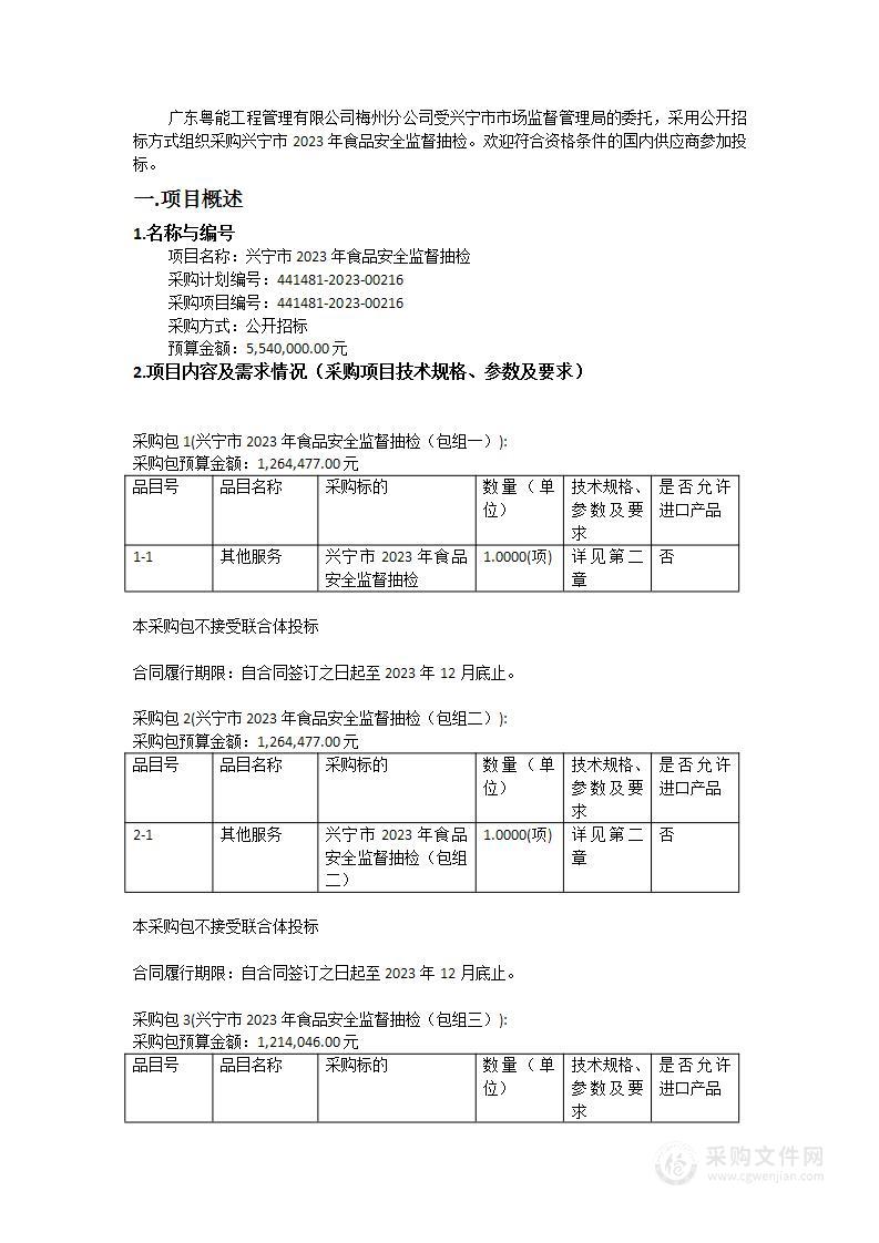 兴宁市2023年食品安全监督抽检