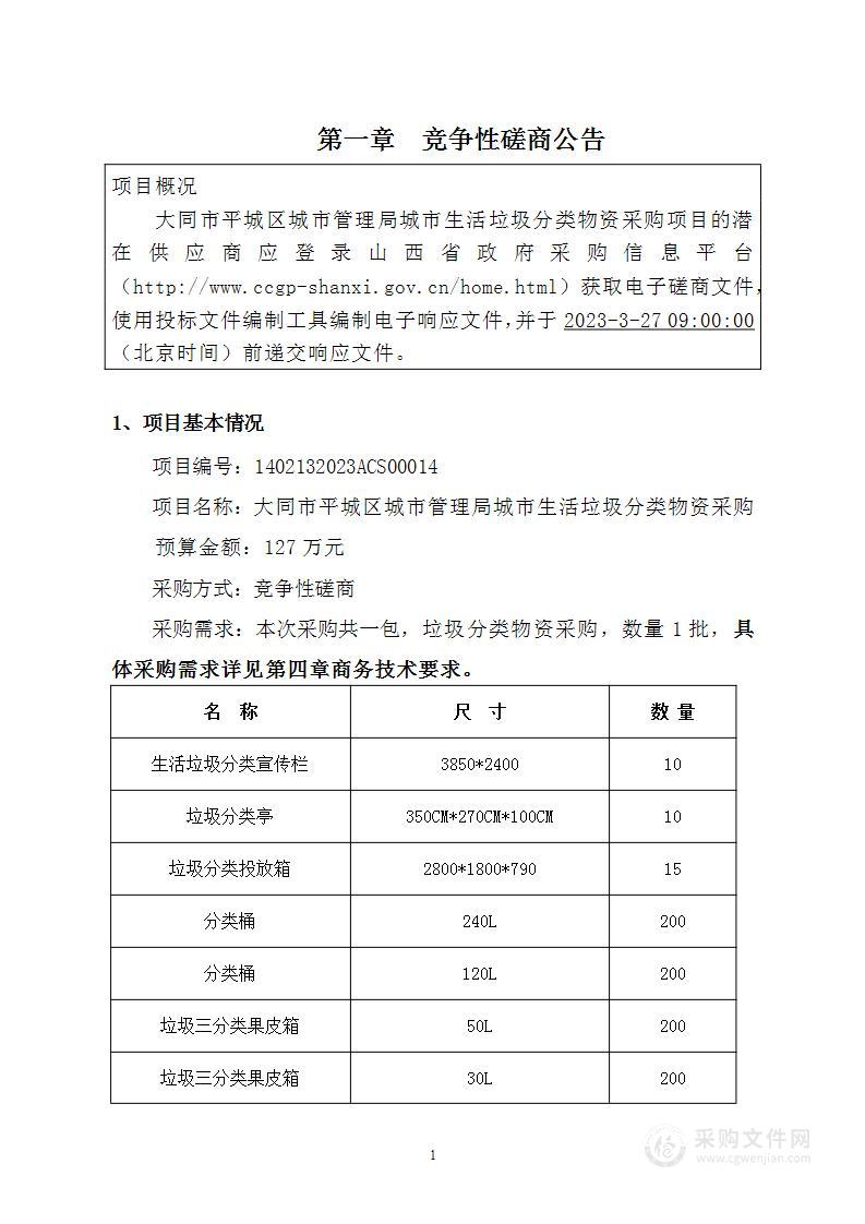 大同市平城区城市管理局城市生活垃圾分类物资采购