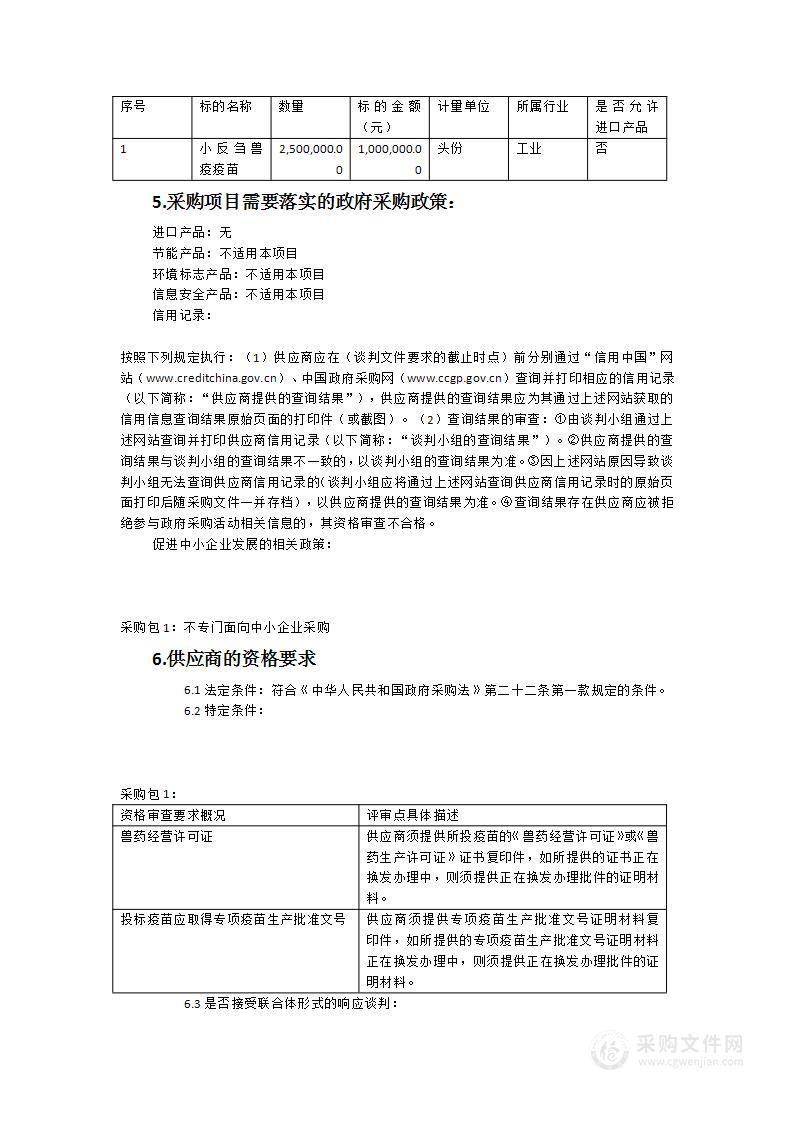 福建省2023年度小反刍兽疫疫苗招标采购项目