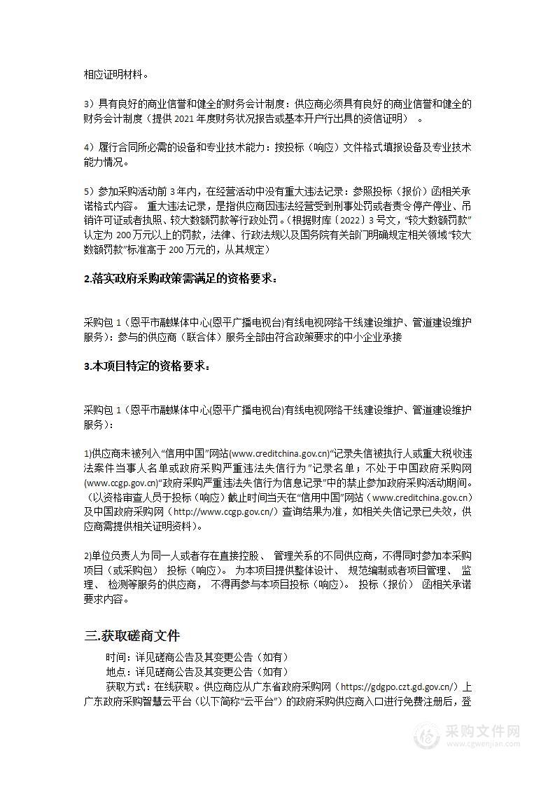 恩平市融媒体中心(恩平广播电视台)有线电视网络干线建设维护、管道建设维护服务项目