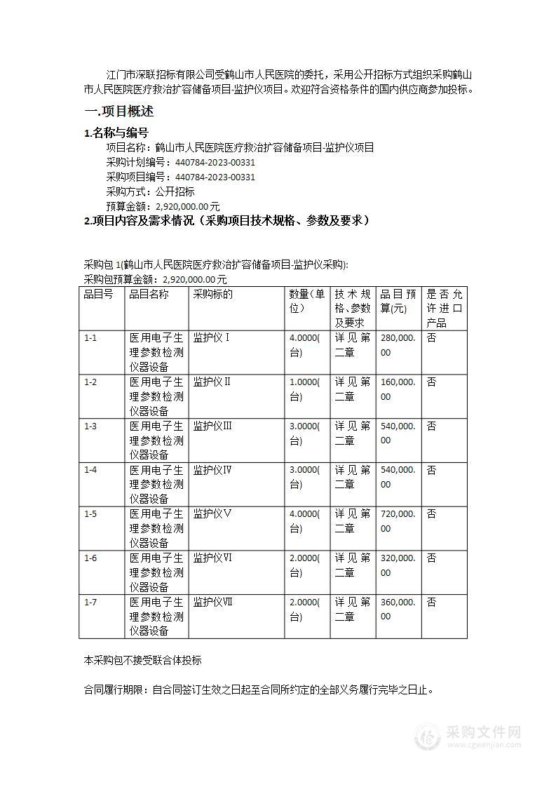 鹤山市人民医院医疗救治扩容储备项目-监护仪项目