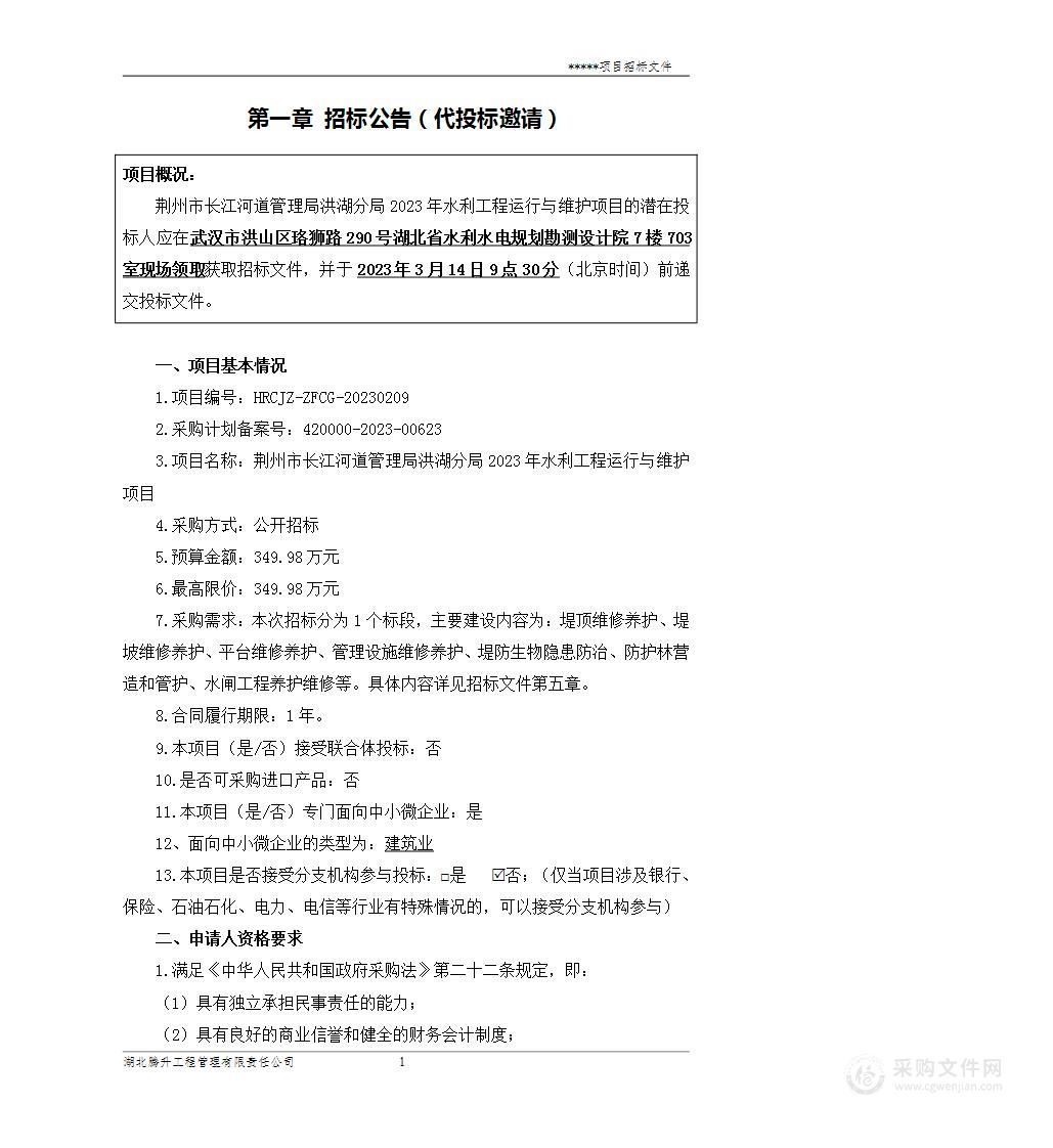 荆州市长江河道管理局洪湖分局2023年水利工程运行与维护项目