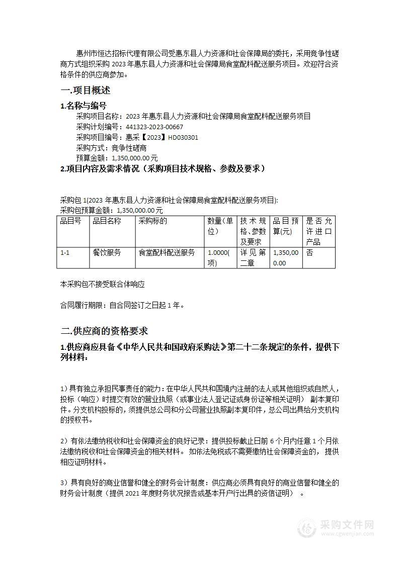 2023年惠东县人力资源和社会保障局食堂配料配送服务项目