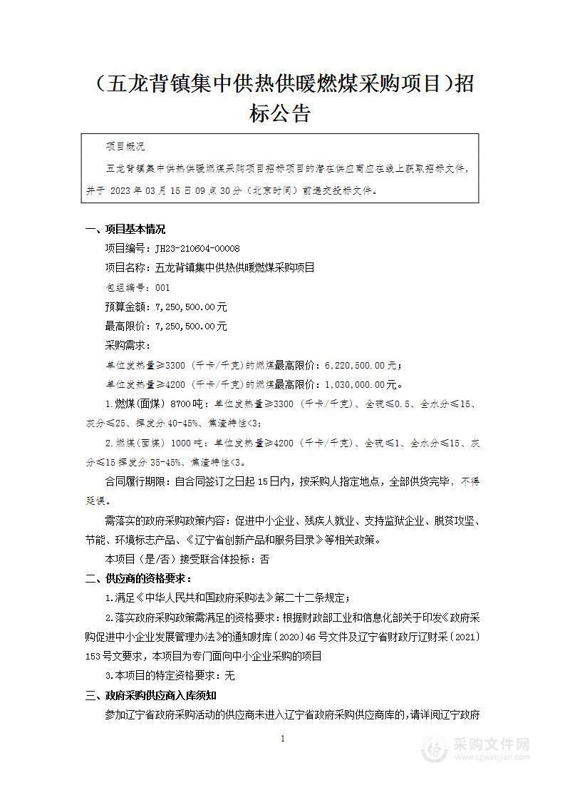 五龙背镇集中供热供暖燃煤采购项目