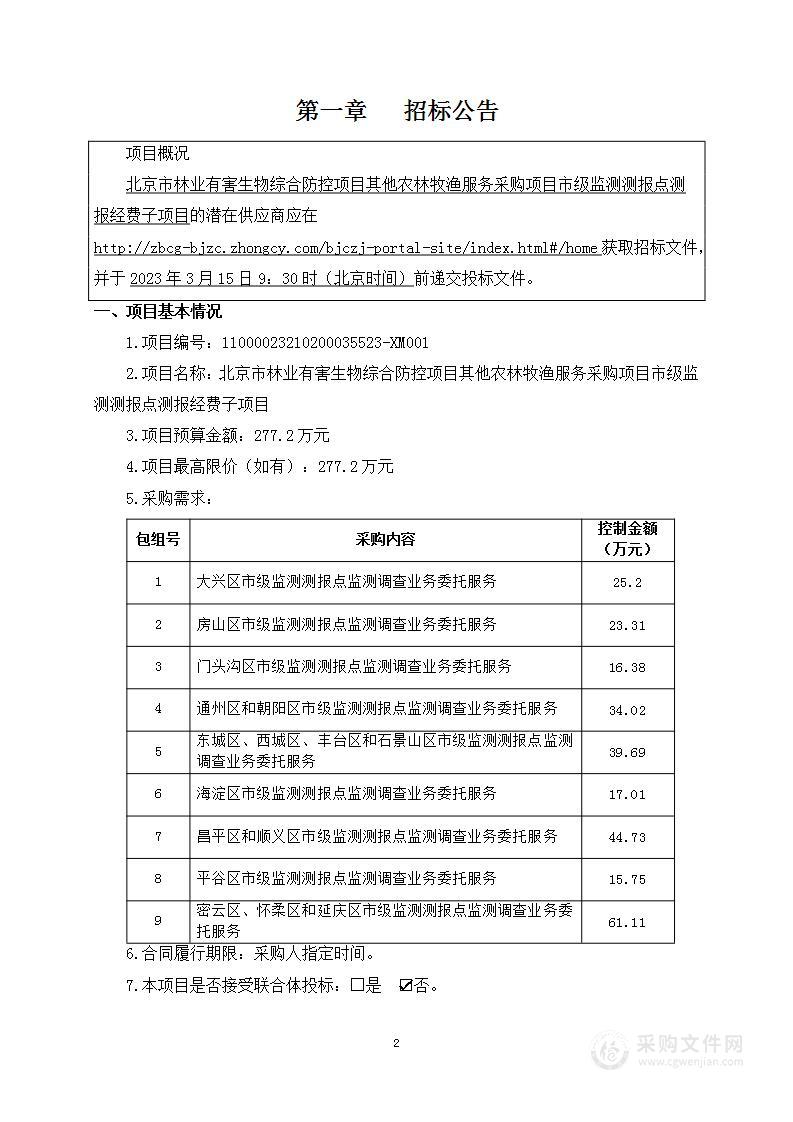 北京市林业有害生物综合防控项目其他农林牧渔服务采购项目市级监测测报点测报经费子项目（第一至九包）