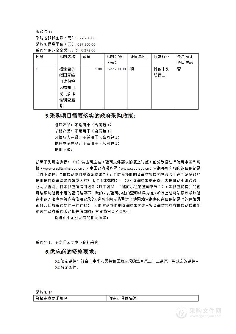 福建君子峰国家级自然保护区鳞翅目昆虫多样性调查服务采购项目