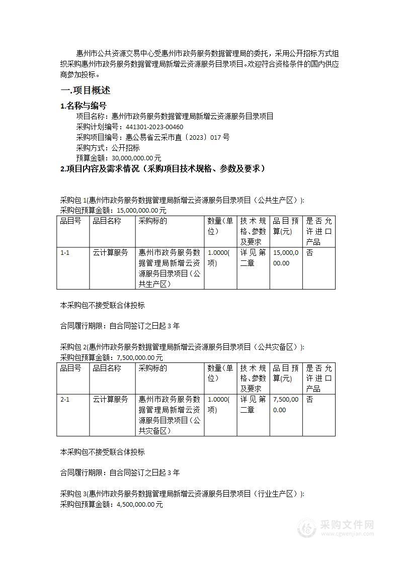 惠州市政务服务数据管理局新增云资源服务目录项目