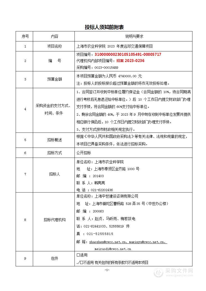 上海市农业科学院2023年度远郊交通保障服务