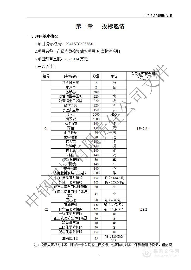 市级应急物资储备项目－应急物资采购（第一包）