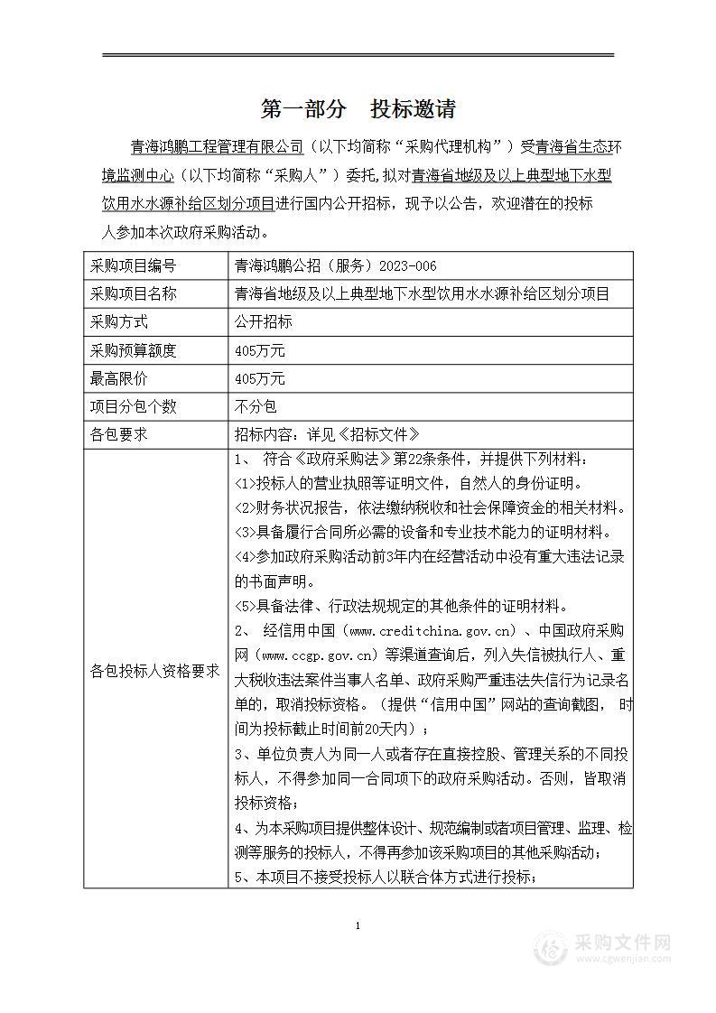 青海省地级及以上典型地下水型饮用水水源补给区划分项目