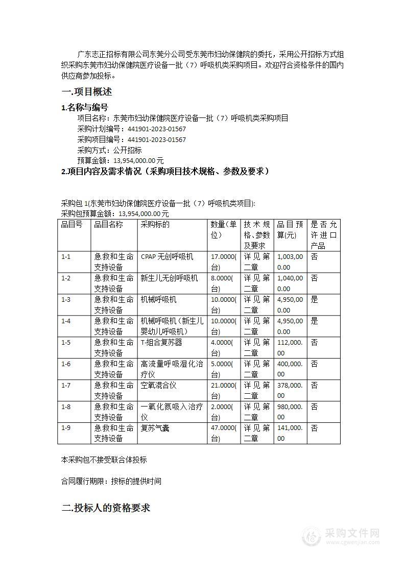 东莞市妇幼保健院医疗设备一批（7）呼吸机类采购项目