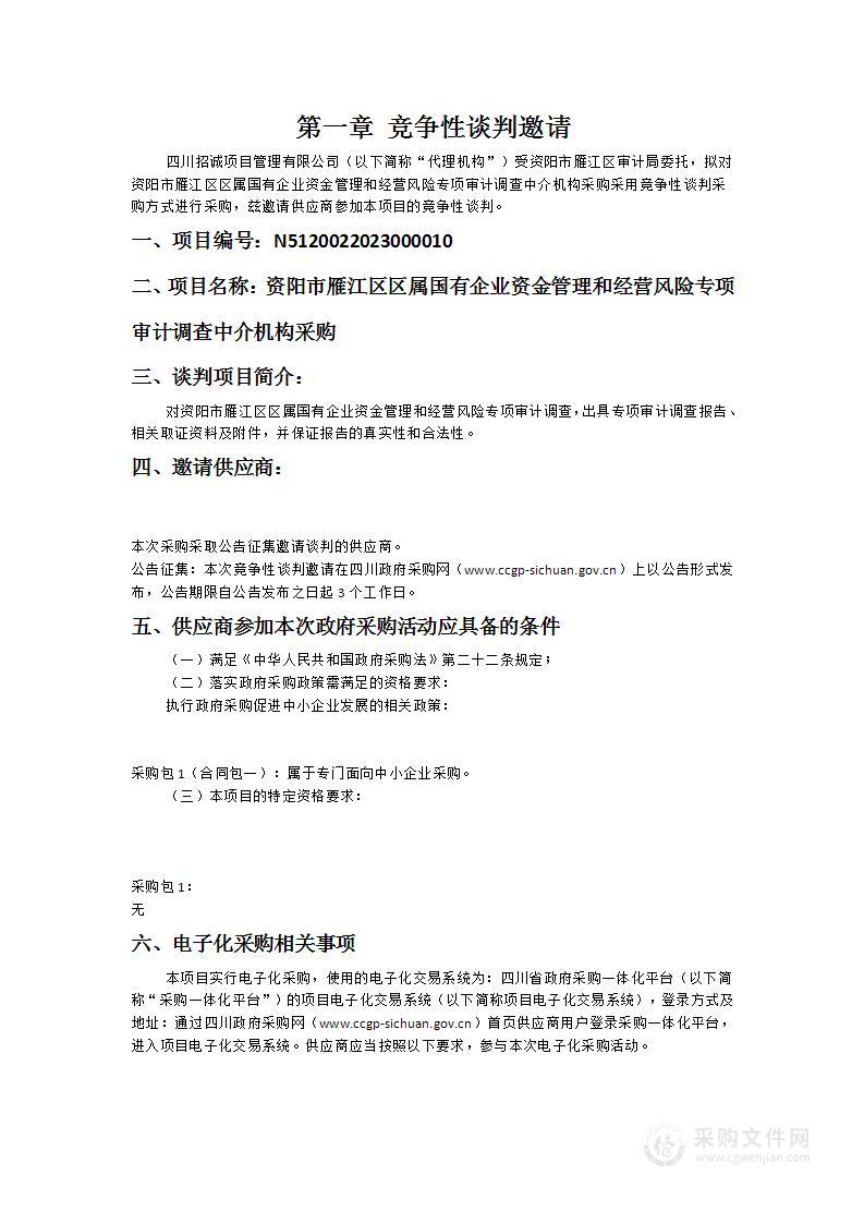 资阳市雁江区区属国有企业资金管理和经营风险专项审计调查中介机构采购